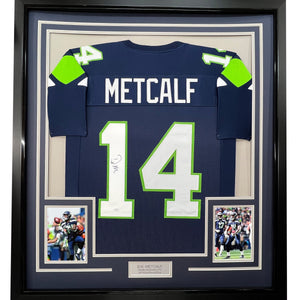 Framed Autographed/Signed DK D.K. Metcalf 35x39 Seattle Blue Football Jersey JSA COA #2