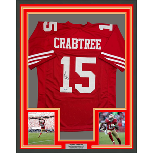 Framed Autographed/Signed Michael Crabtree 35x39 San Francisco Red Football Jersey Beckett BAS COA