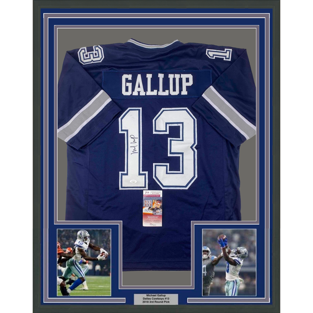 Framed Autographed/Signed Michael Gallup 35x39 Dallas Blue Football Jersey JSA COA