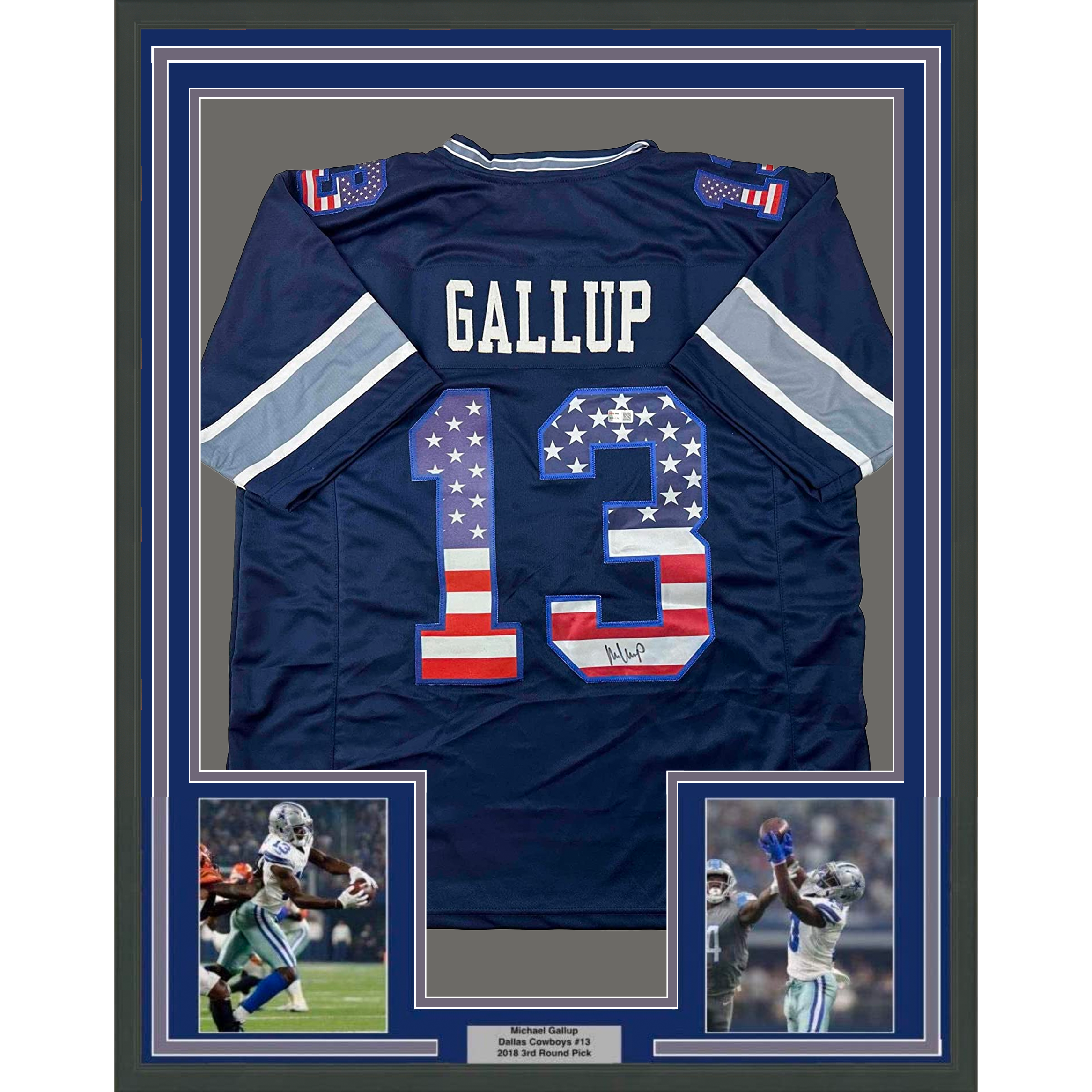Framed Autographed/Signed Michael Gallup 35x39 Dallas America's Team Blue Football Jersey Tristar COA