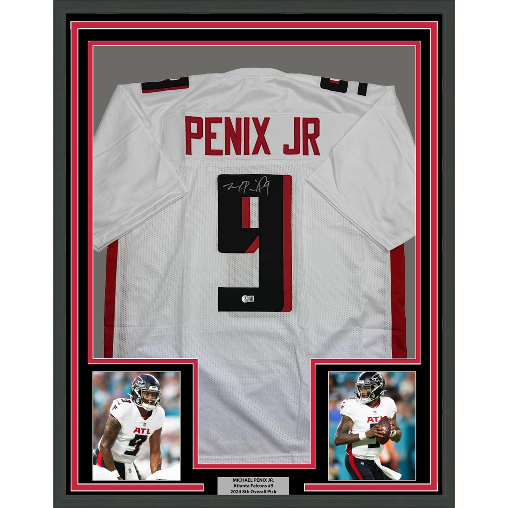Framed Autographed/Signed Michael Penix Jr. 35x39 Atlanta White Football Jersey Beckett BAS COA