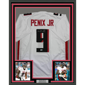 Framed Autographed/Signed Michael Penix Jr. 35x39 Atlanta White Football Jersey Beckett BAS COA