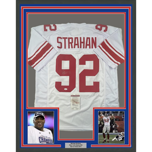 Framed Autographed/Signed Michael Strahan 35x39 New York White Football Jersey JSA COA