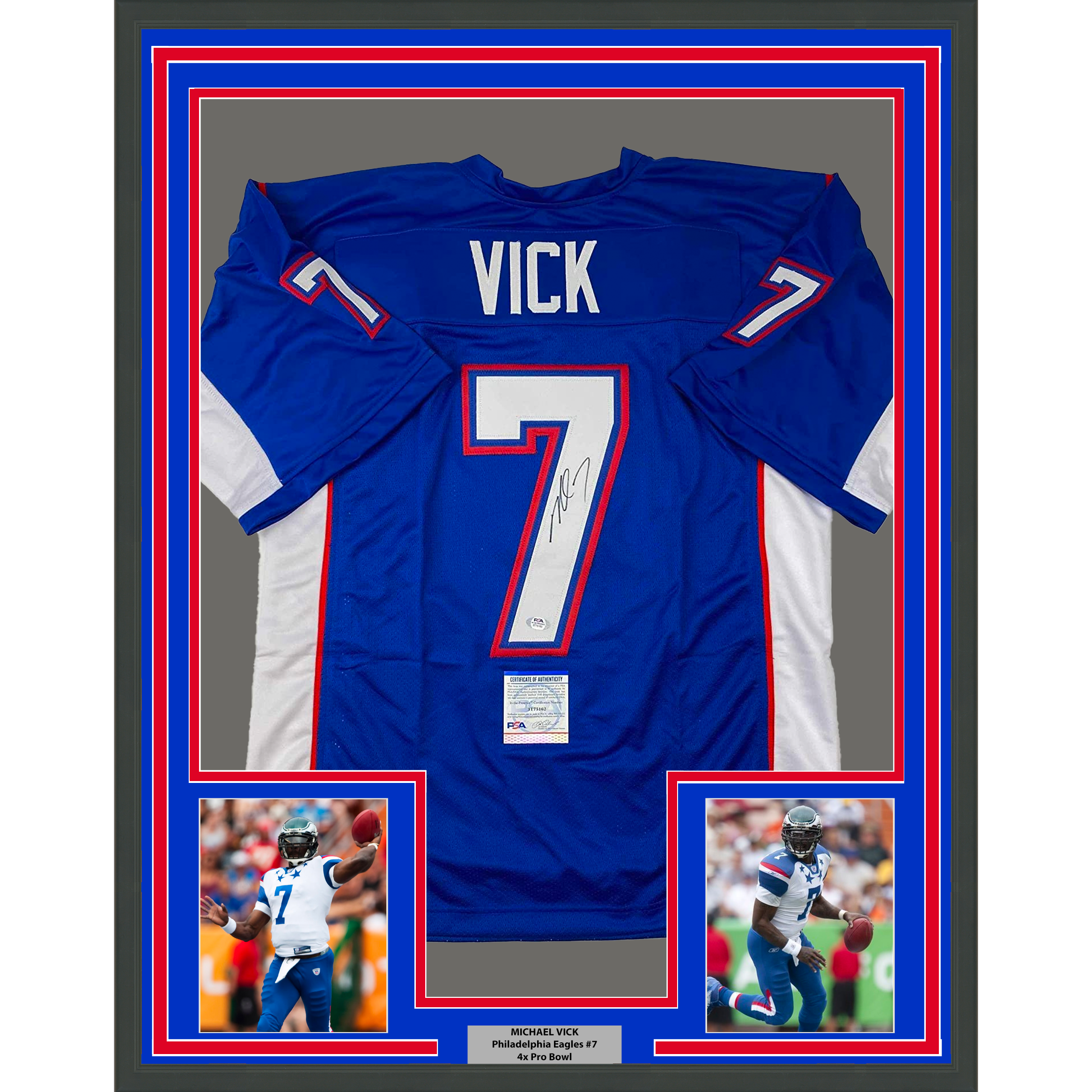 Framed Autographed/Signed Michael Mike Vick 35x39 Pro Bowl Blue Football Jersey PSA/DNA COA