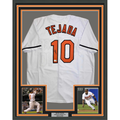 Framed Autographed/Signed Miguel Tejada 35x39 Baltimore White Baseball Jersey Beckett BAS COA