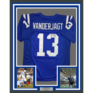Framed Autographed/Signed Mike Vanderjagt 35x39 Indianapolis Blue Football Jersey JSA COA