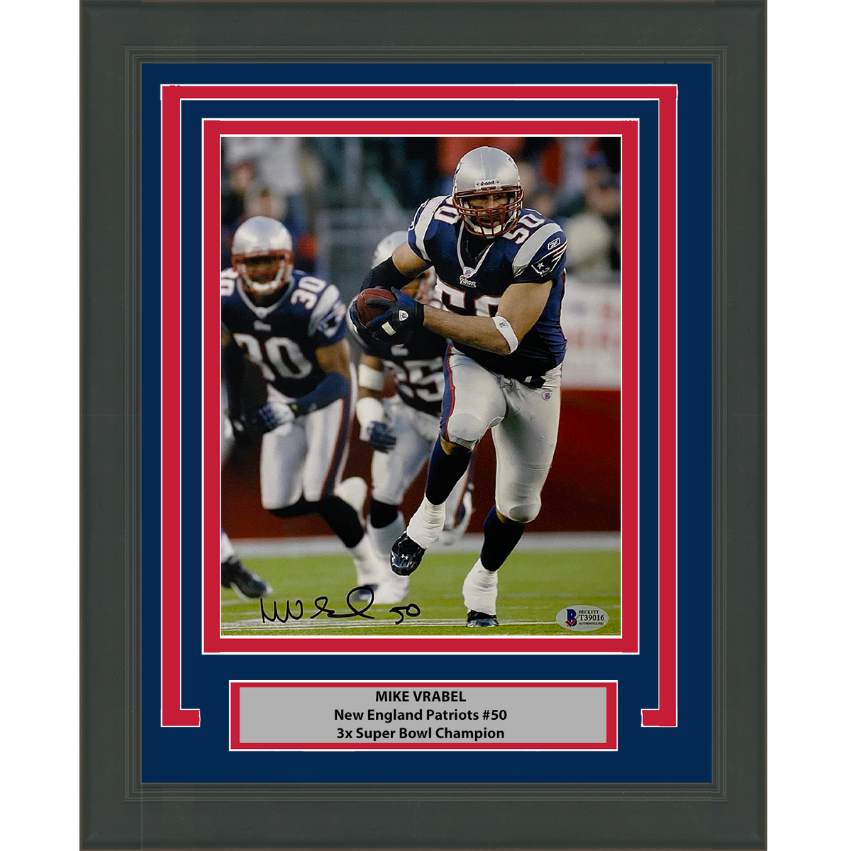 Framed Autographed/Signed Mike Vrabel New England Patriots 8x10 Football Photo Beckett BAS COA #1