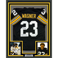 Framed Autographed/Signed Mike Wagner 35x39 4x SB Champ Pittsburgh Black Football Jersey JSA COA
