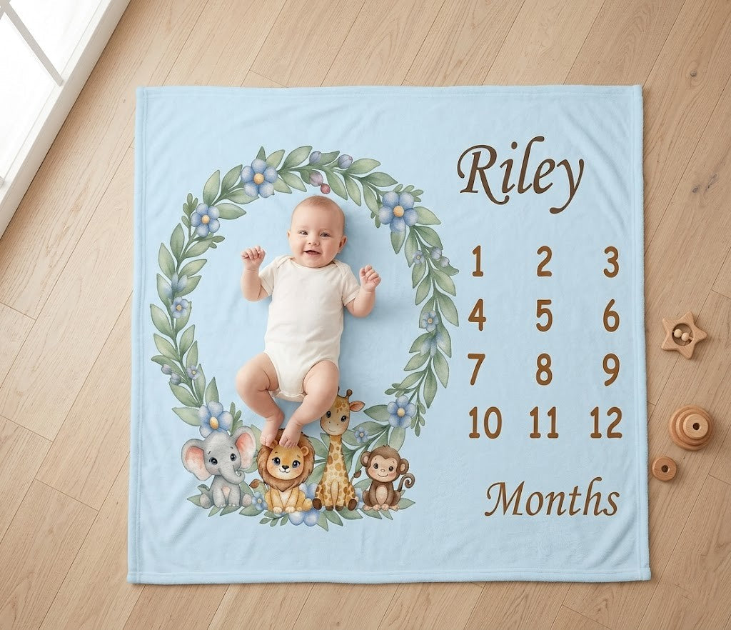 Personalised Baby Safari Milestone Blanket | Lavender Pink, Light Blue & Cream