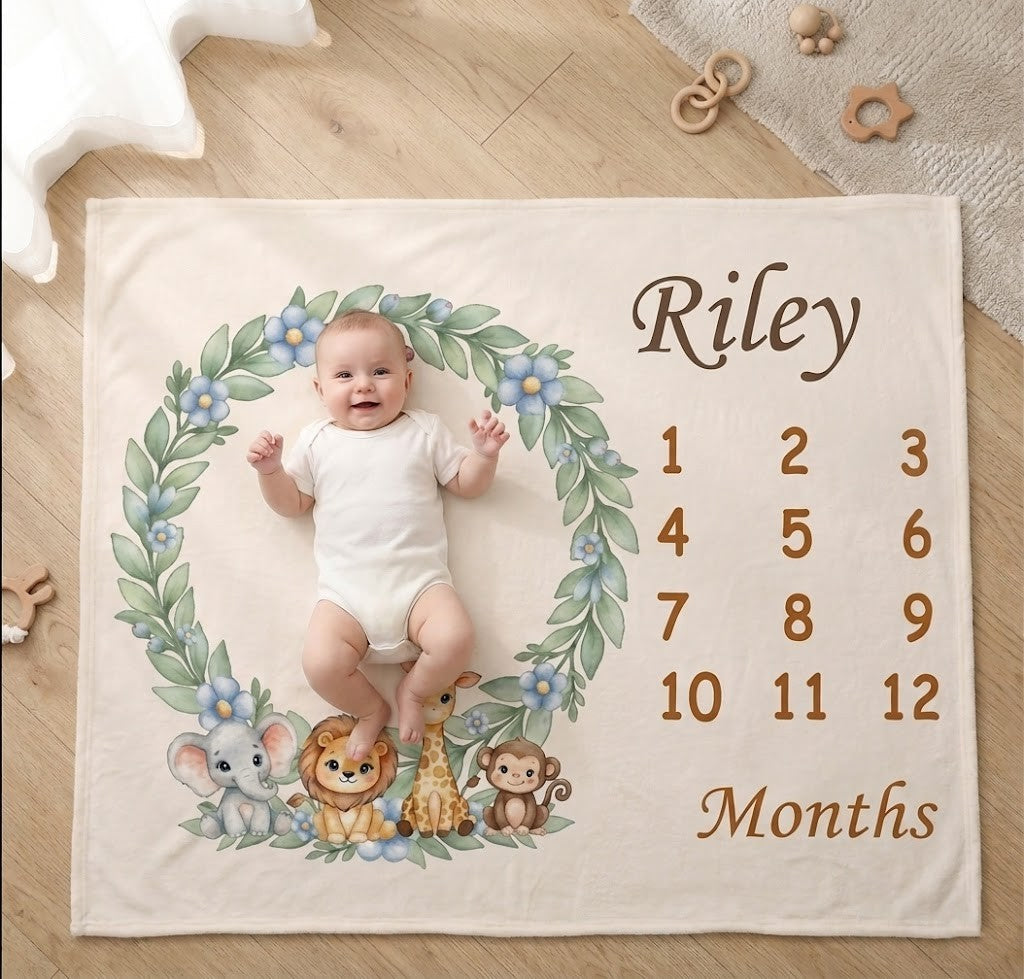 Personalised Baby Safari Milestone Blanket | Lavender Pink, Light Blue & Cream
