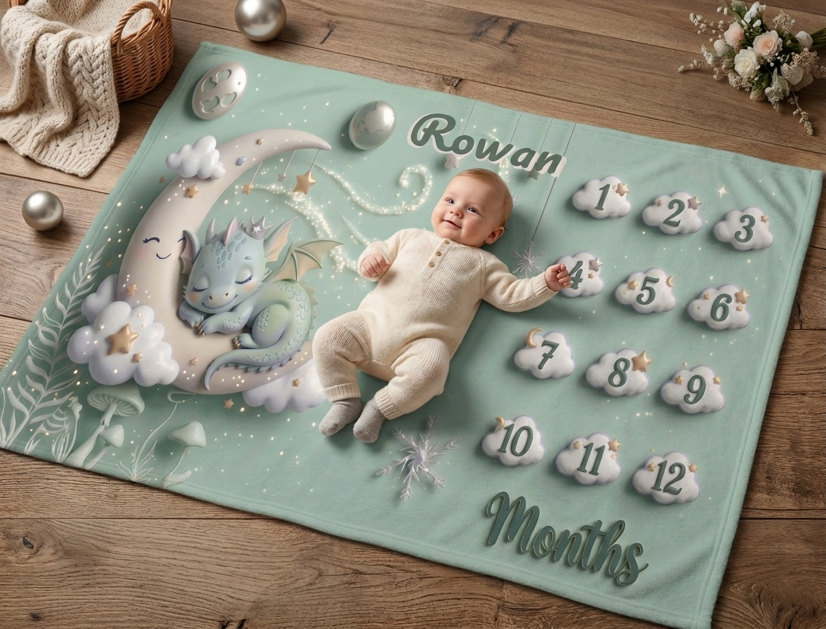 Personalised Baby Milestone Blanket | Sleeping Dragon & Moon 3D Deluxe