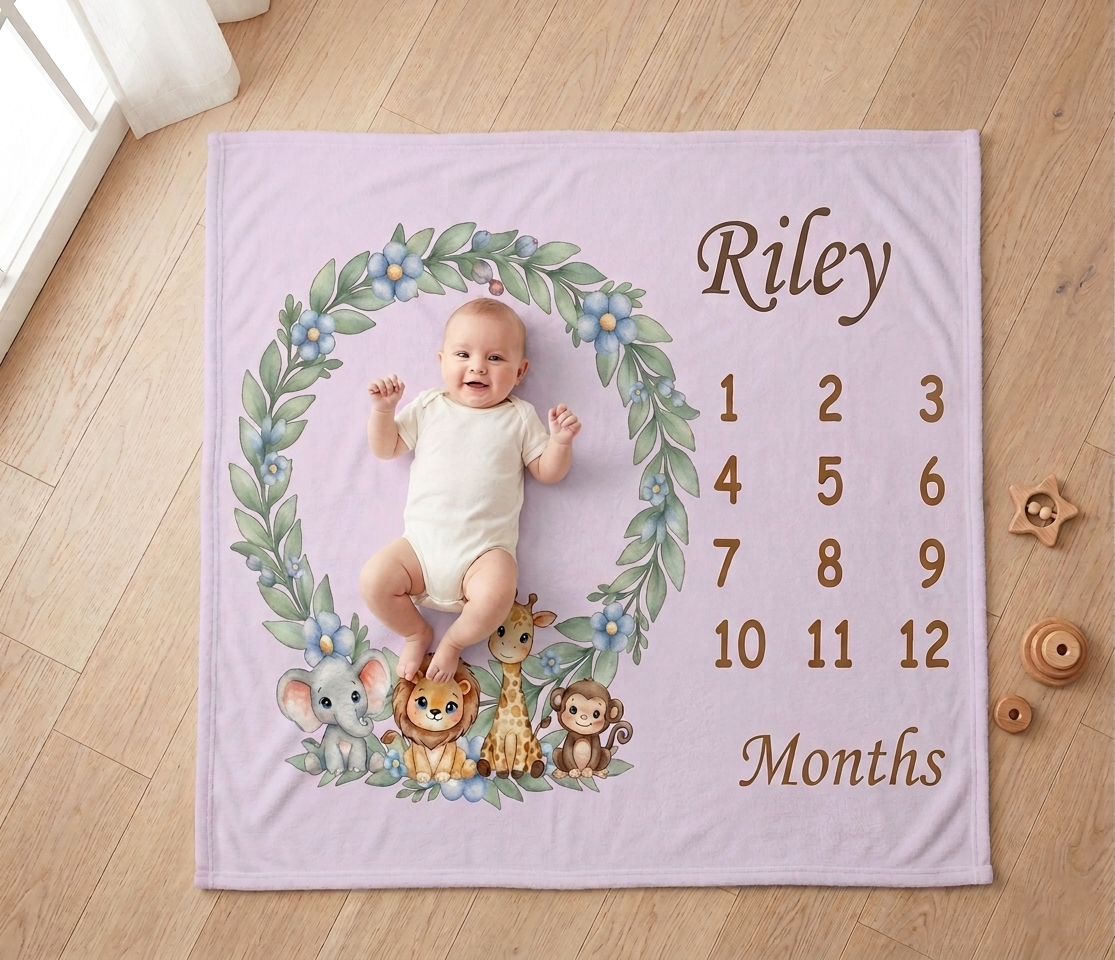 Personalised Baby Safari Milestone Blanket | Lavender Pink, Light Blue & Cream