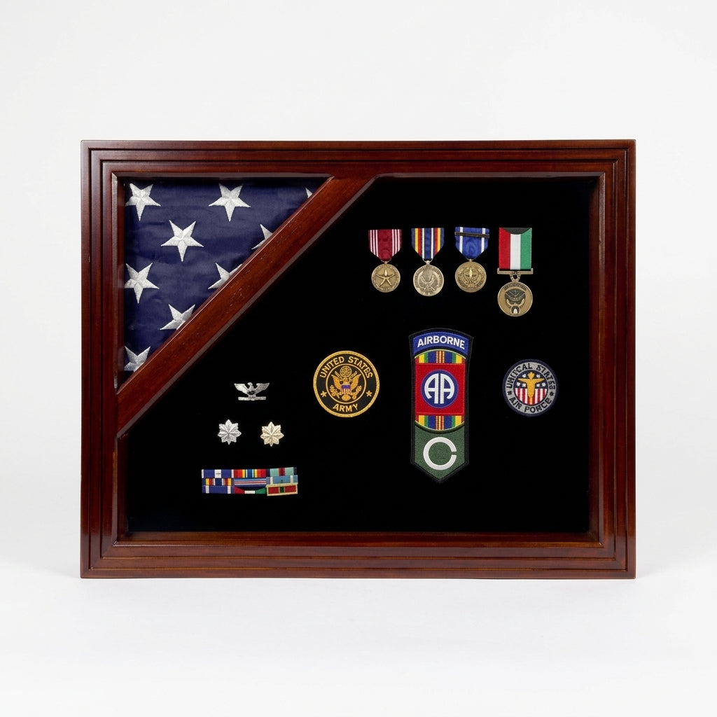 Military Award Shadow Box with Display Case for 3 x 5ft Flag - Felt in Black