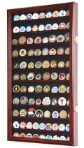 Military Challenge Coin Display Case Cabinet Rack Holder Stand Box w/UV Protection, Cherry Finish
