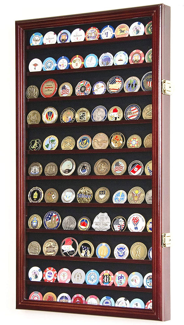 Military Challenge Coin Display Case Cabinet Rack Holder Stand Box w/UV Protection, Cherry Finish