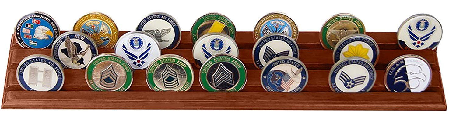 Flag Connections Military Challenge Coin Holder Stand. 3 Rows Walnut Wood Coin Holder Stand