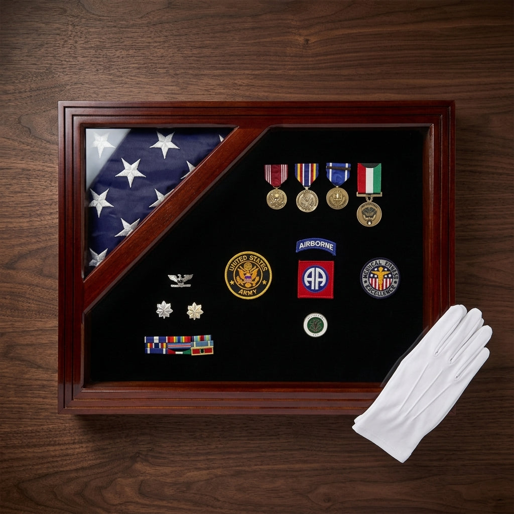 Military Award Shadow Box with Display Case for 3 x 5ft Flag - Felt in Black Color.