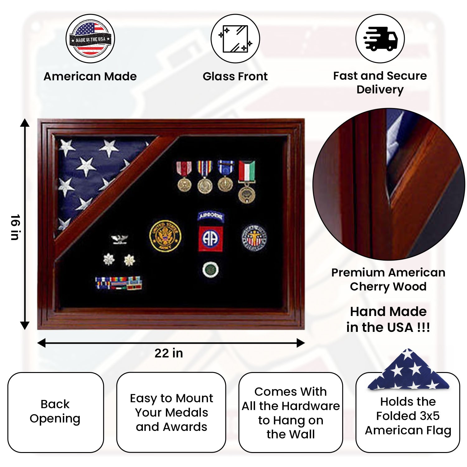 American Corner flag and medal display case - Fit for 3' x 5' Flag or 5' x 9.5' (Burial Flag).