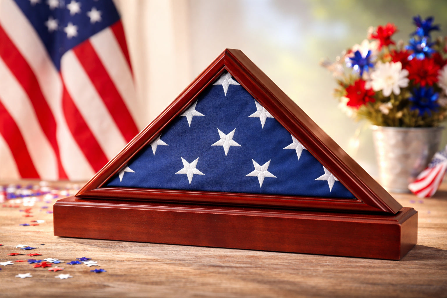 Burial/Funeral Flag Display Case Frame, Military Shadow Box with Pedestal Stand - Cherry