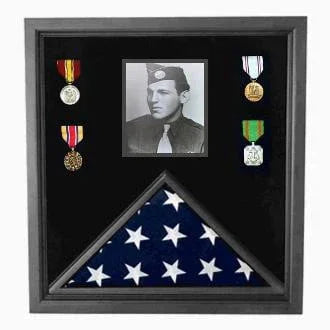 Military Photo Flag and Medal Display Case - Black Wood Material