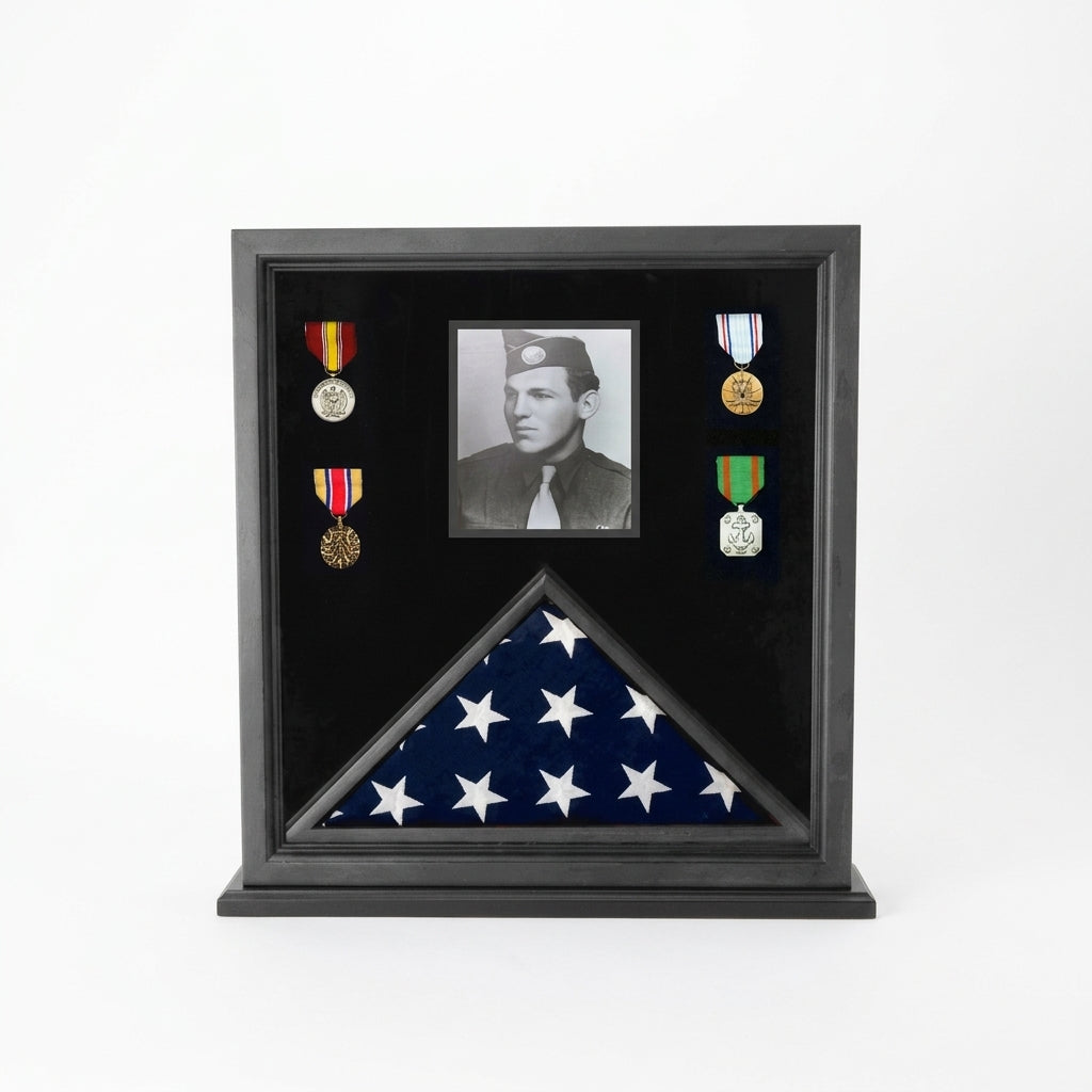 Military Photo Flag and Medal Display Case - folded 3x5 American flag