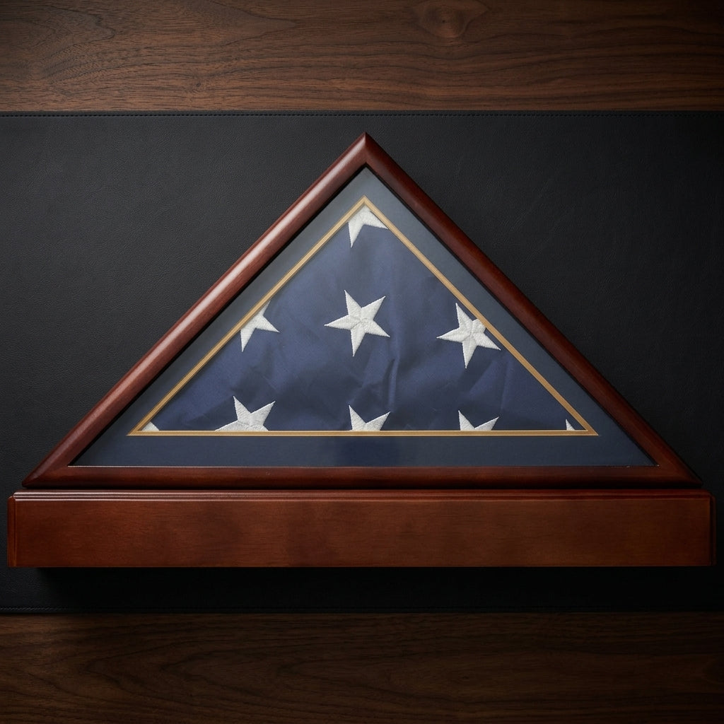Burial/Funeral Military Shadow Box with Pedestal Stand (with Marine Dark Blue Mat)
