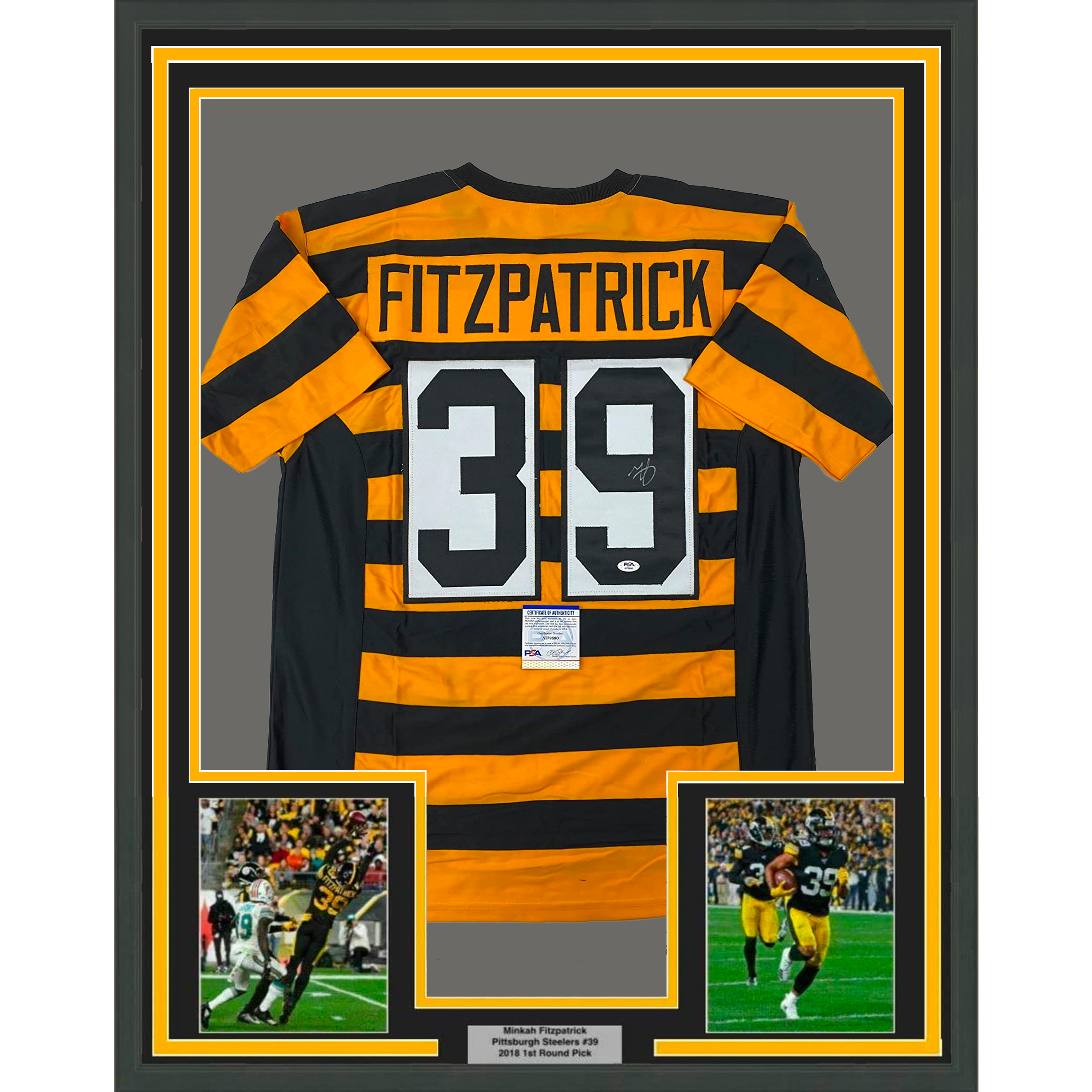 Framed Autographed/Signed Minkah Fitzpatrick 35x39 Pittsburgh Bumble Bee Football Jersey PSA/DNA COA