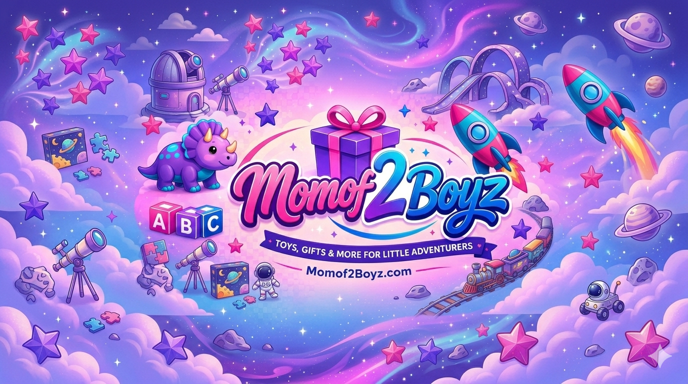 Colorful advertisement for Momof2Boyz toys with space-themed elements and rocket ships.