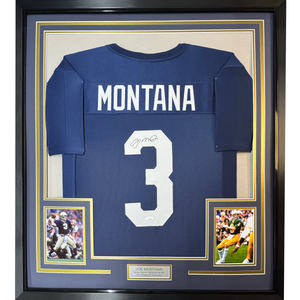 Framed Autographed/Signed Joe Montana 35x39 Notre Dame Blue College Football Jersey JSA COA