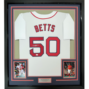 Framed Autographed/Signed Mookie Betts 35x39 Boston White Baseball Jersey JSA COA