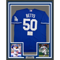 Framed Autographed/Signed Mookie Betts 35x39 Los Angeles LA Blue Baseball Jersey Fanatics COA