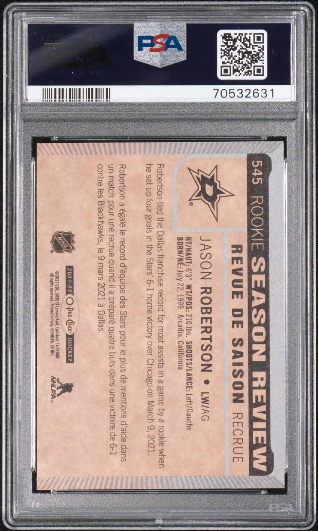 Graded 2021 Upper Deck O-Pee-Chee Jason Robertson #545 Rookie RC Hockey Card PSA 10 Gem Mint