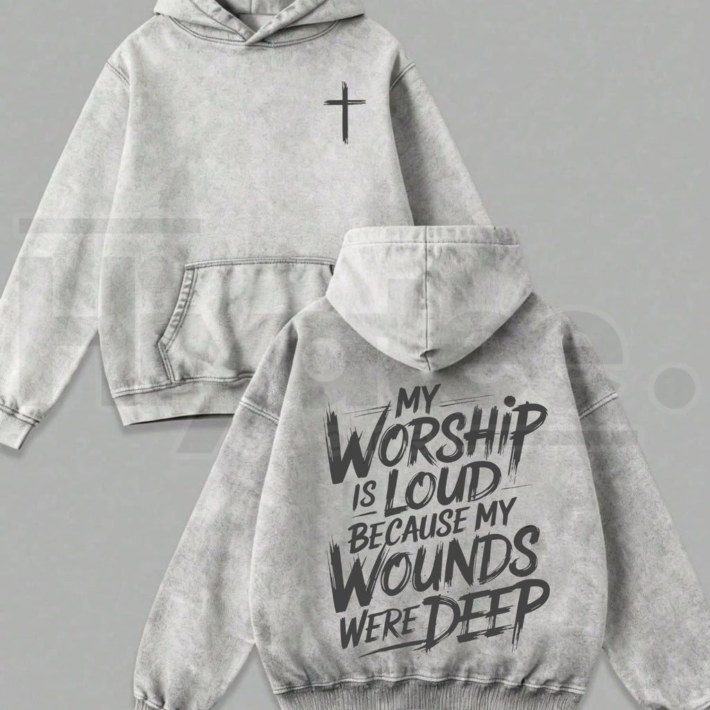 My Worship Is Loud Heavyweight Washed Hoodie – Vintage Graphic Christian Sweatshirt