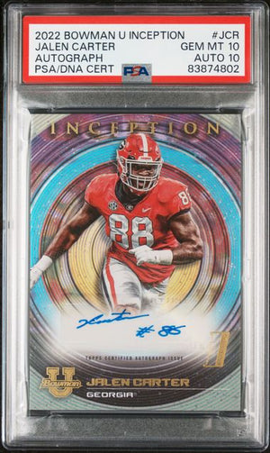 Graded 2022 Topps Bowman U Inception Jalen Carter #JCR Rookie RC Football Card PSA 10 Auto/Card Grade Gem Mint