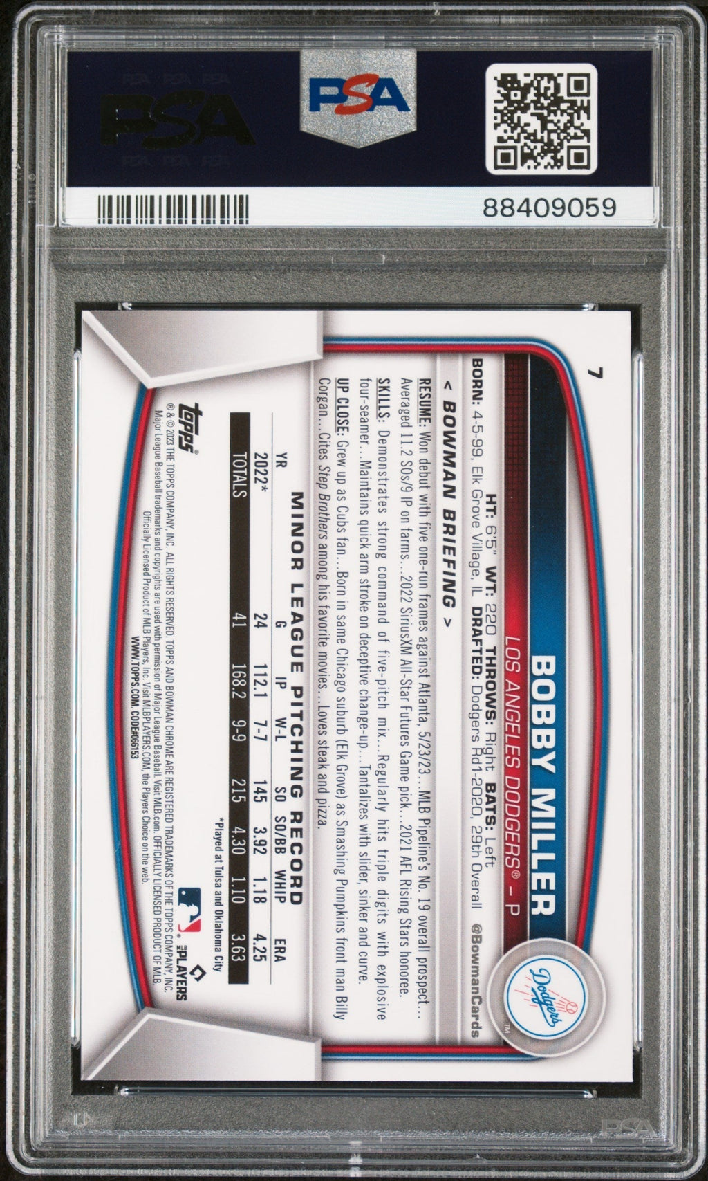 Graded 2023 Topps Bowman Chrome Sapphire Edition Bobby Miller #7 Rookie RC Baseball Card PSA 10 Gem Mint