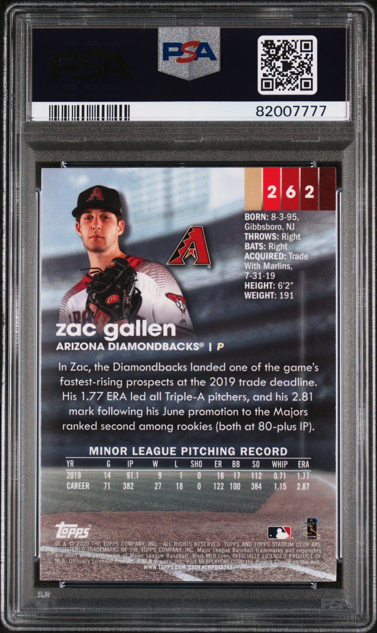 Graded 2020 Topps Stadium Club Zac Gallen #262 Rookie RC Baseball Card PSA 10 Gem Mint