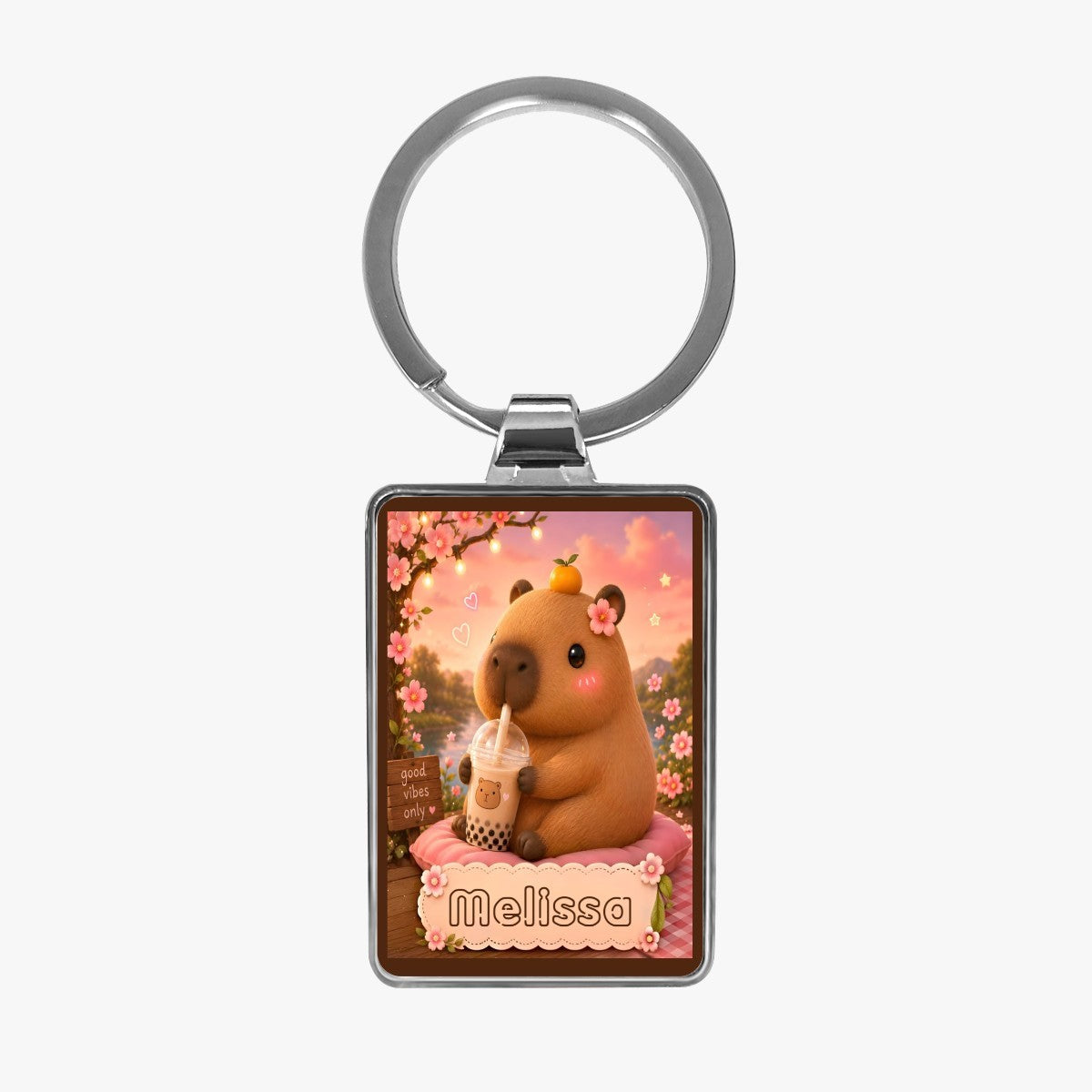 Personalized Capybara Keychain – Custom Name Photo Charm | Kawaii Boba Tea Gift for Teens