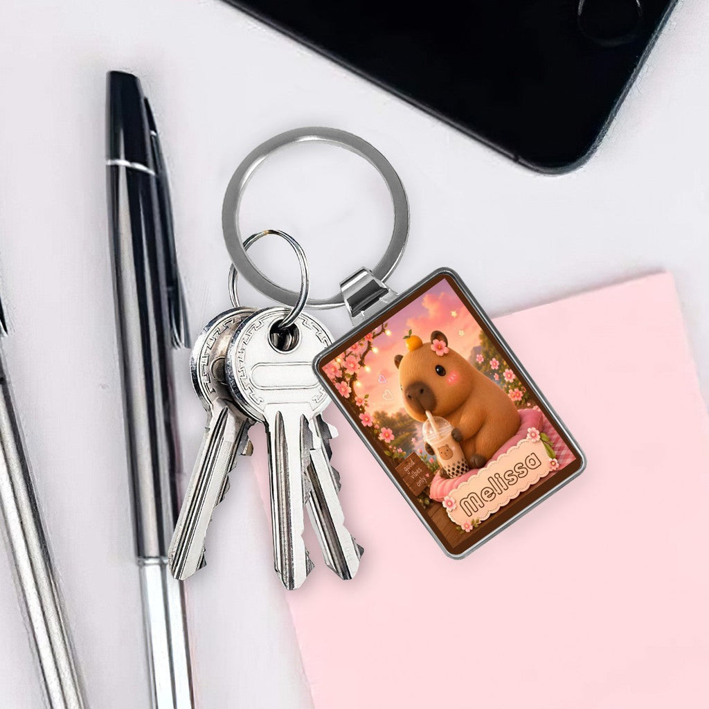 Personalized Capybara Keychain – Custom Name Photo Charm | Kawaii Boba Tea Gift for Teens