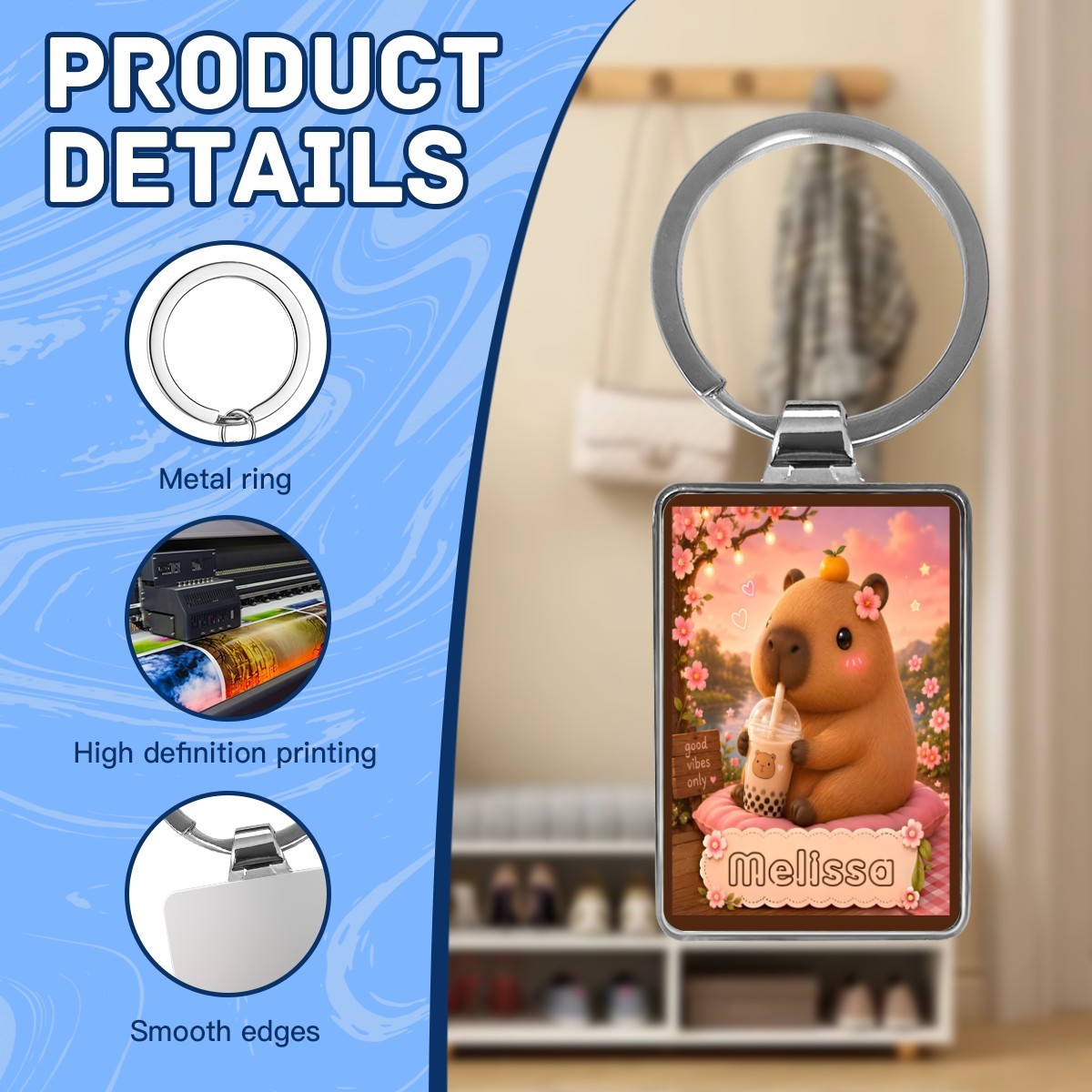 Personalized Capybara Keychain – Custom Name Photo Charm | Kawaii Boba Tea Gift for Teens