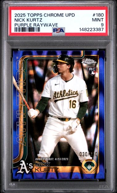 Graded 2025 Topps Chrome Update Nick Kurtz #180 /250 Purple Raywave Rookie RC Baseball Card PSA 9 Mint