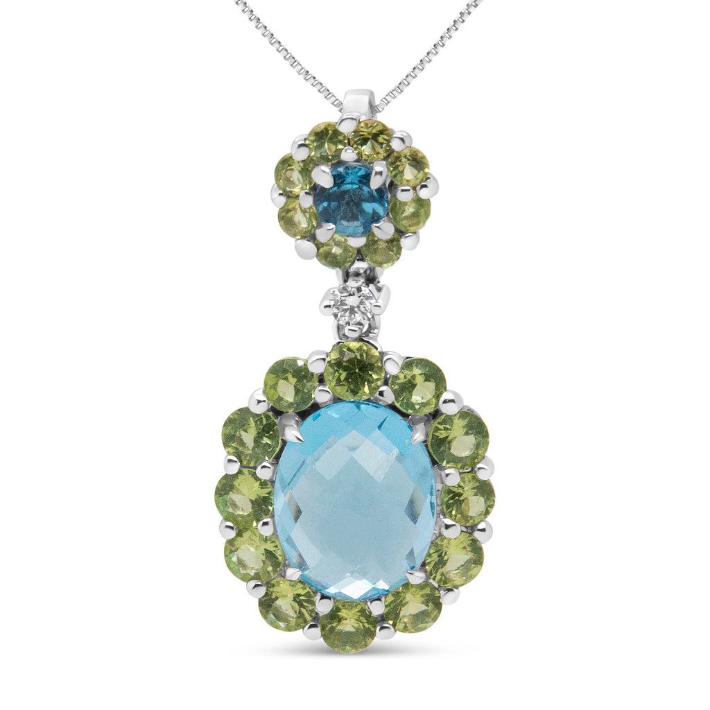 18k White Gold 0.05 Cttw Round Diamond and Blue Topaz and Green Peridot Gemstone Halo Drop 18" Pendant Necklace (F-G Color, VS1-VS2 Clarity)