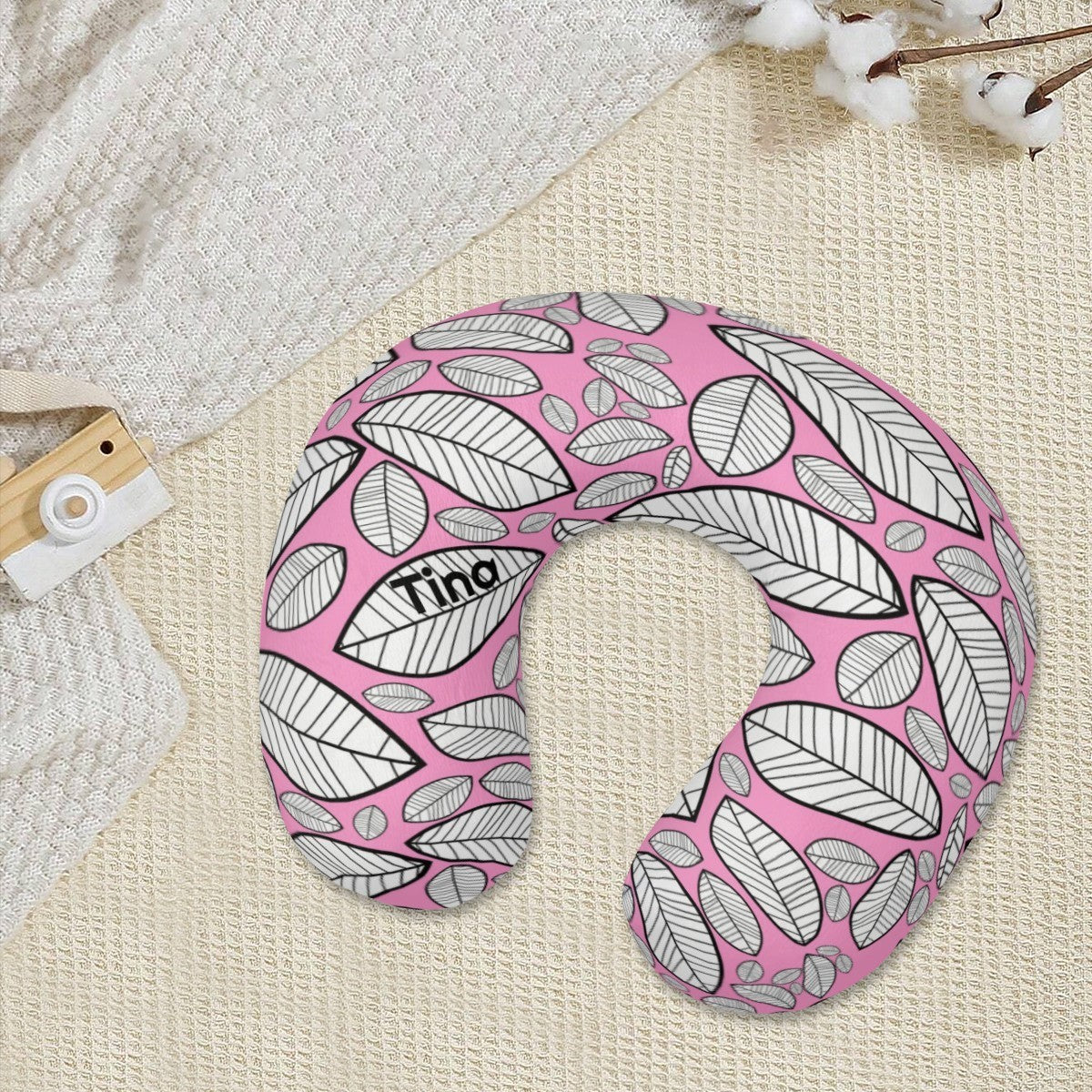 Personalized Sketched Leaf Travel Neck Pillow | Custom Name Gift