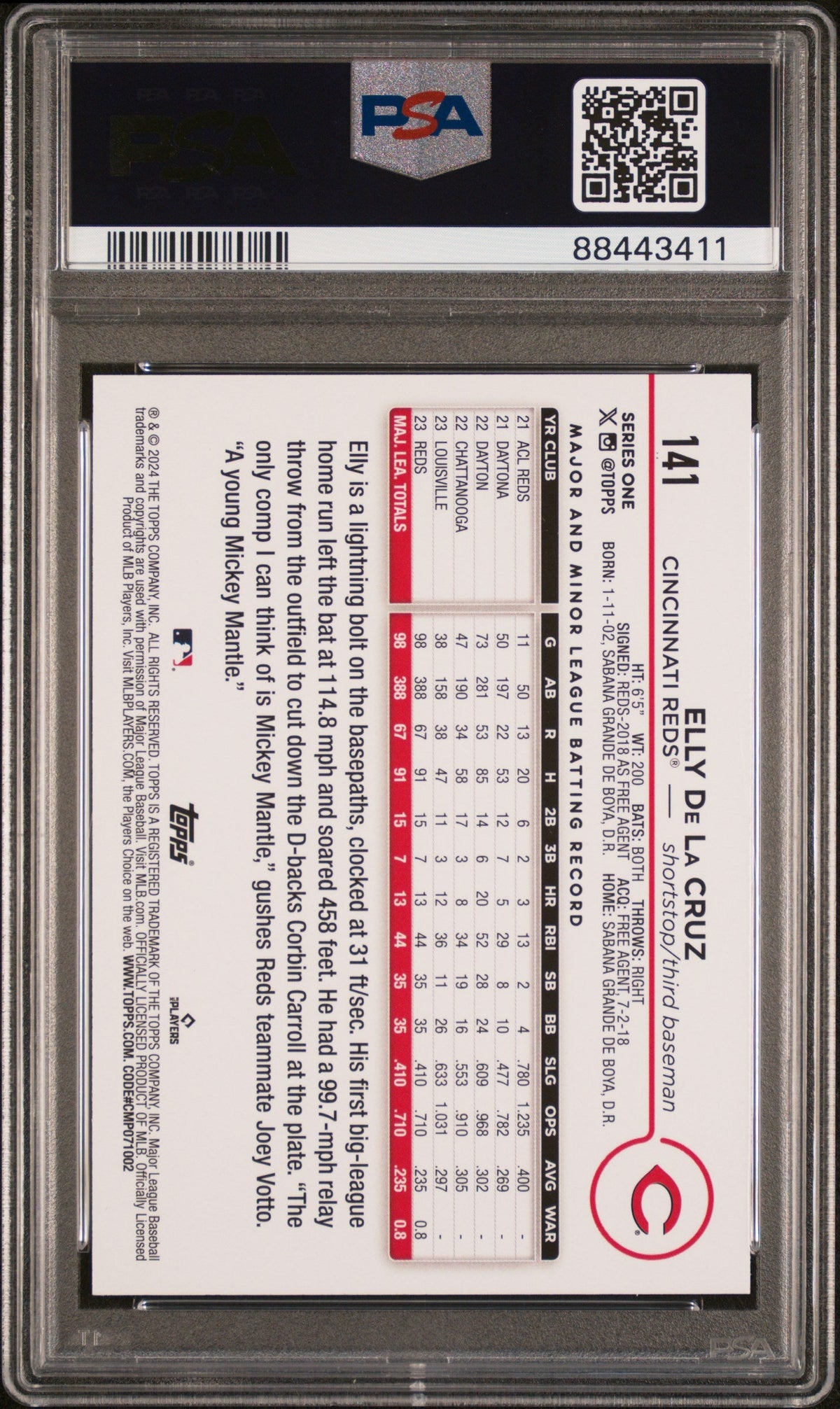 Graded 2024 Topps Elly De La Cruz #141 Yellow Rookie RC Baseball Card PSA 10 Gem Mint