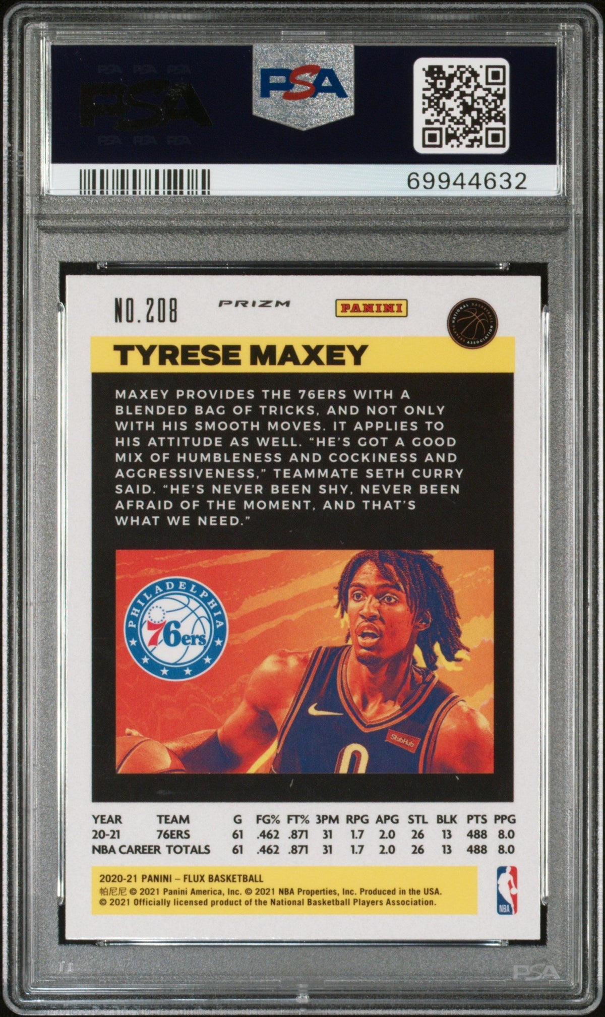 Graded 2020 Panini Flux Tyrese Maxey #208 Fanatics Cracked Ice Rookie RC Basketball Card PSA 10 Gem Mint