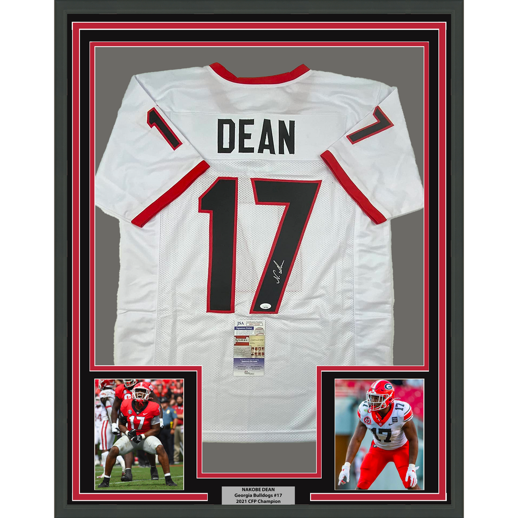 Framed Autographed/Signed Nakobe Dean 35x39 Georgia White College Football Jersey JSA COA