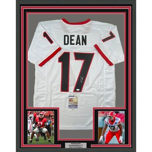 Framed Autographed/Signed Nakobe Dean 35x39 Georgia White College Football Jersey JSA COA