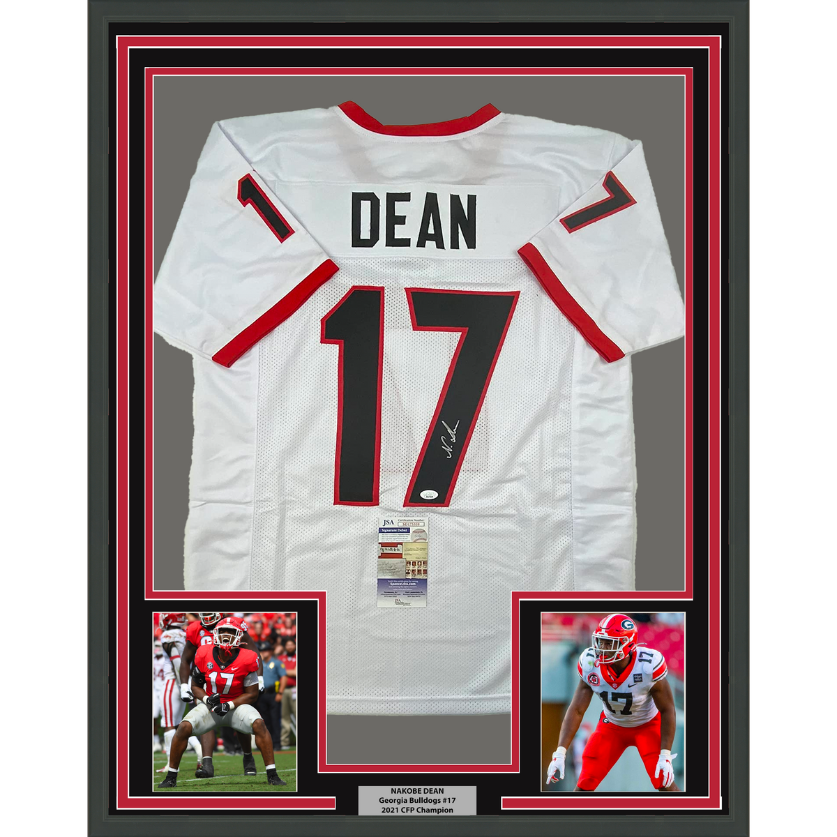 Framed Autographed/Signed Nakobe Dean 35x39 Georgia White College Football Jersey JSA COA
