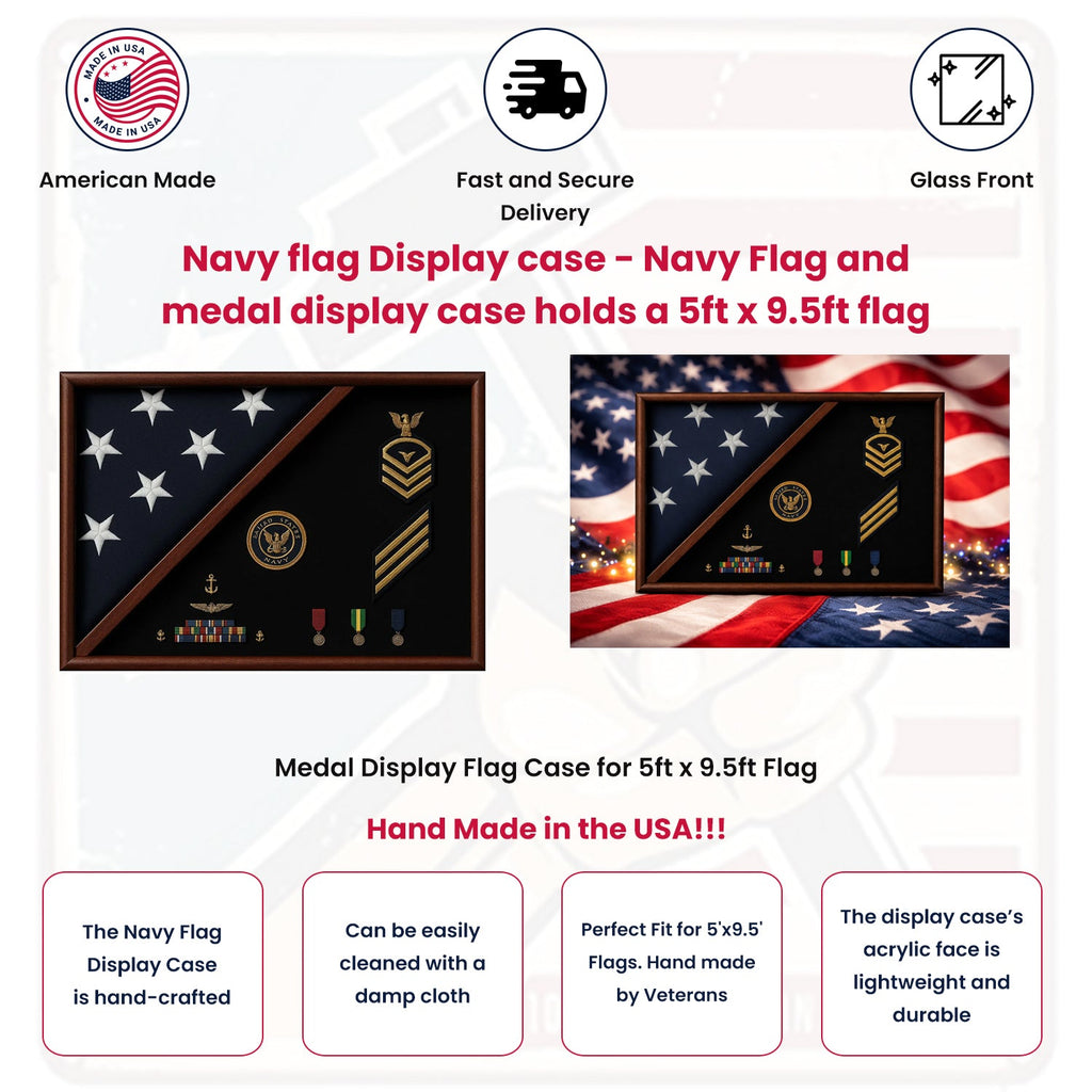 Navy flag Display case - Navy Flag and medal display case holds a 5ft x 9.5ft flag