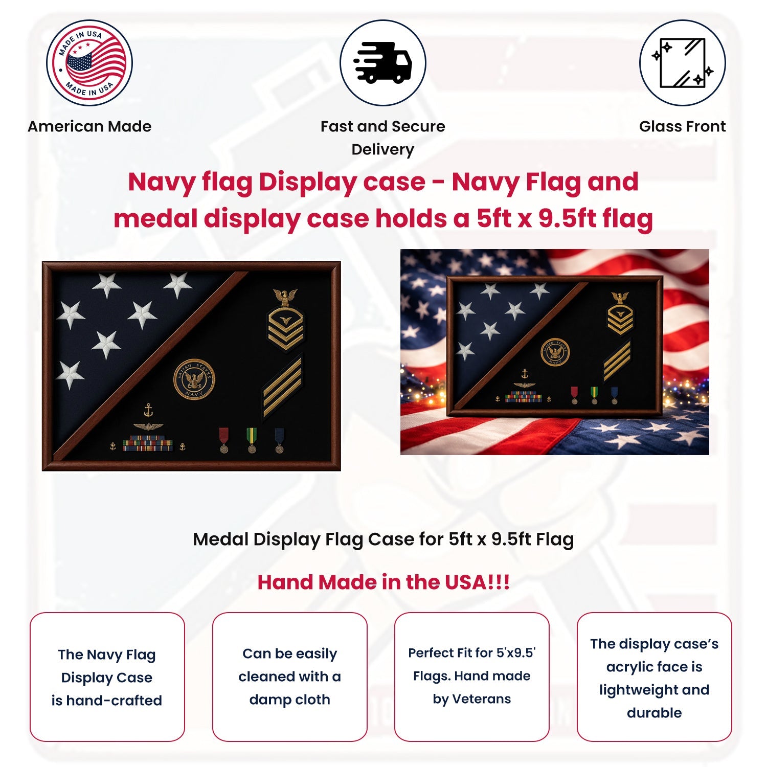 Navy flag Display case - Navy Flag and medal display case holds a 5ft x 9.5ft flag