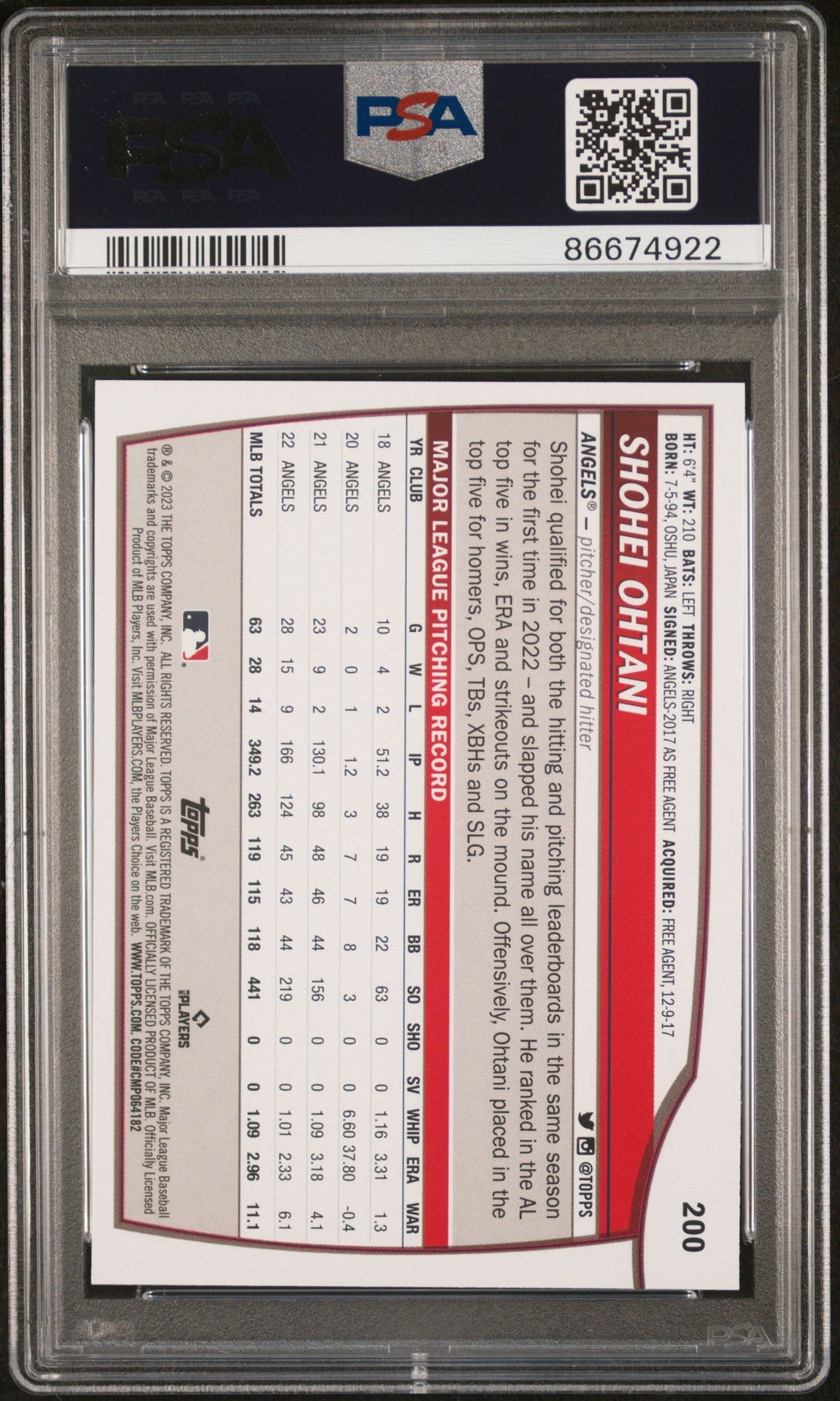 Graded 2023 Topps Big League Shohei Ohtani #200 Baseball Card PSA 10 Gem Mint